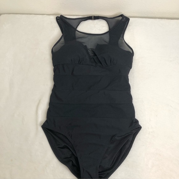 Spanx Slimming Mesh Swimsuit One Piece Black CutOut Back Size 10 - Picture 1 of 11